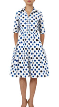 3/4 Sleeve | Capri Dots | White Sea Blue Indigo | Front | Shirt Dress By Samantha Sung