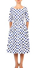 1/2 Sleeve | Capri Dots | White Sea Blue Indigo | Front | Dress By Samantha Sung