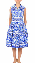 Sleeveless | Ibiza Tile | White Cobalt Blue | Front | Shirt Dress By Samantha Sung