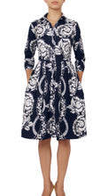 3/4 Sleeve | Picardi Linen | Indigo Ivory | Front | Shirt Dress By Samantha Sung
