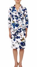 3/4 Sleeve | Rose Butterfly | White Cobalt Blue | Front | Shirt Dress By Samantha Sung