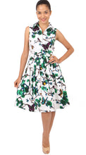 Sleeveless | Rose Butterfly | White Pine Green | Front-1 | Shirt Dress By Samantha Sung