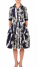 1/2 Sleeve | Ti Flower | Indigo White | Front | Shirt Dress By Samantha Sung