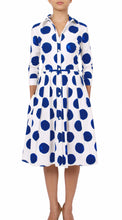 3/4 Sleeve | Tuscani Dots | White Cobalt Blue | Front | Shirt Dress By Samantha Sung
